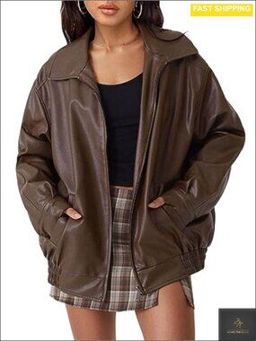 Oversized Faux Leather Moto Jacket Fall Winter Zip Up Boyfriend Fit
